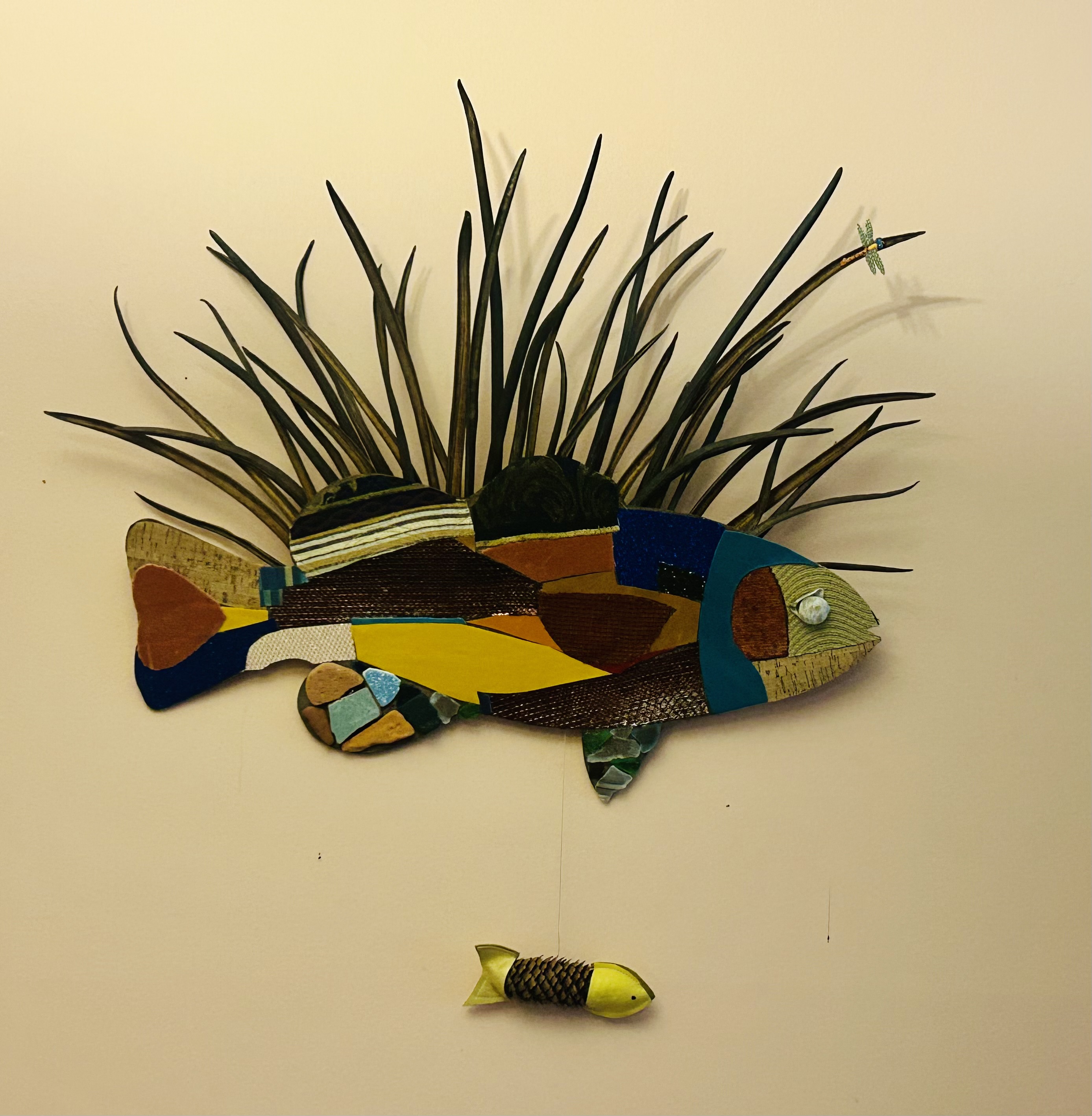 We're Swimming Through the Weeds — patchwork fish with catalpa pods (sold)
