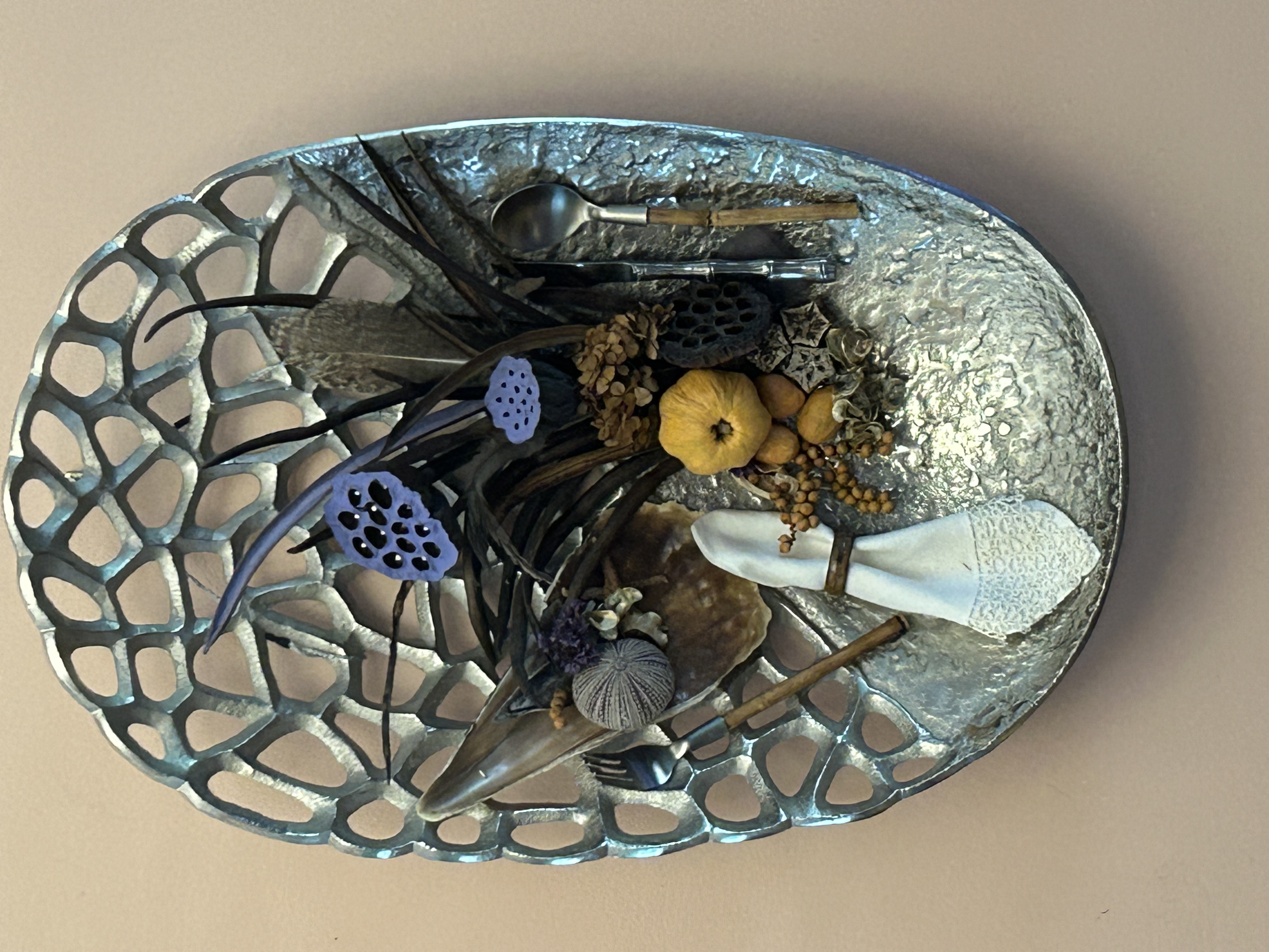 Bon Appetit — mixed-media assemblage in a silver platter (sold)